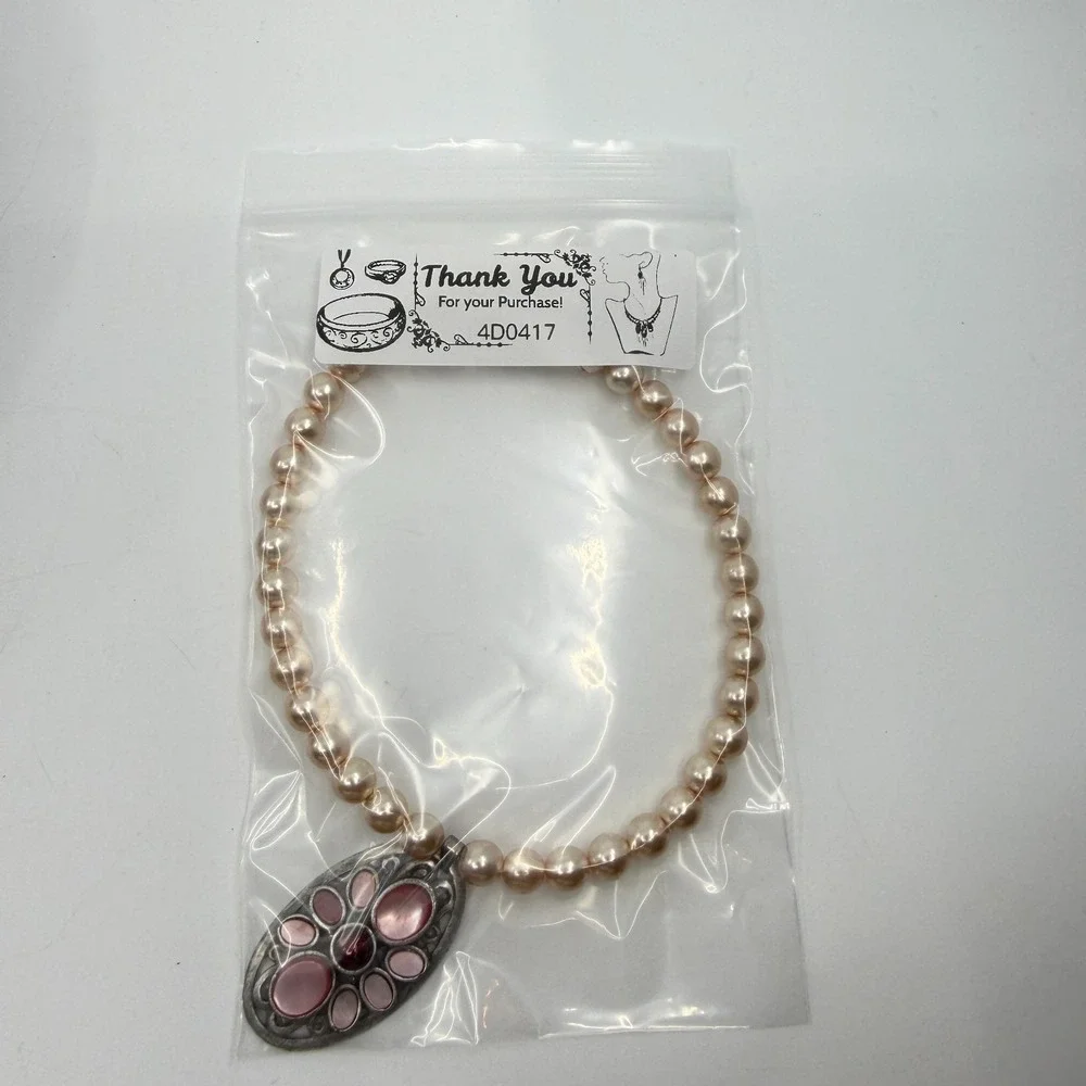 Blush Faux Pearl Pink Cabochon Pendant Necklace Silver Tone Coquette Statement